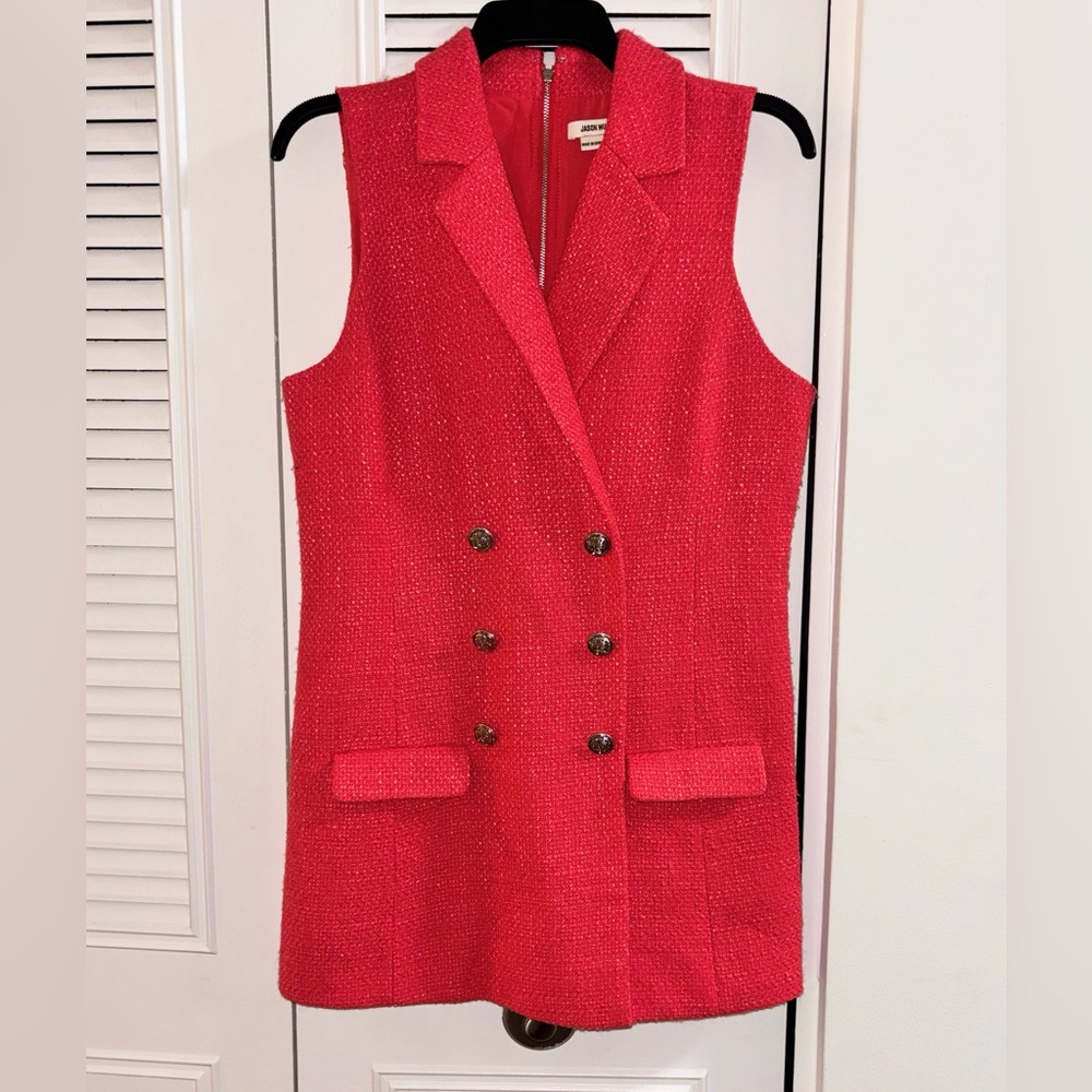 Jason Wu coral double-breasted lapel tweed sleeveless blazer dress.-0264